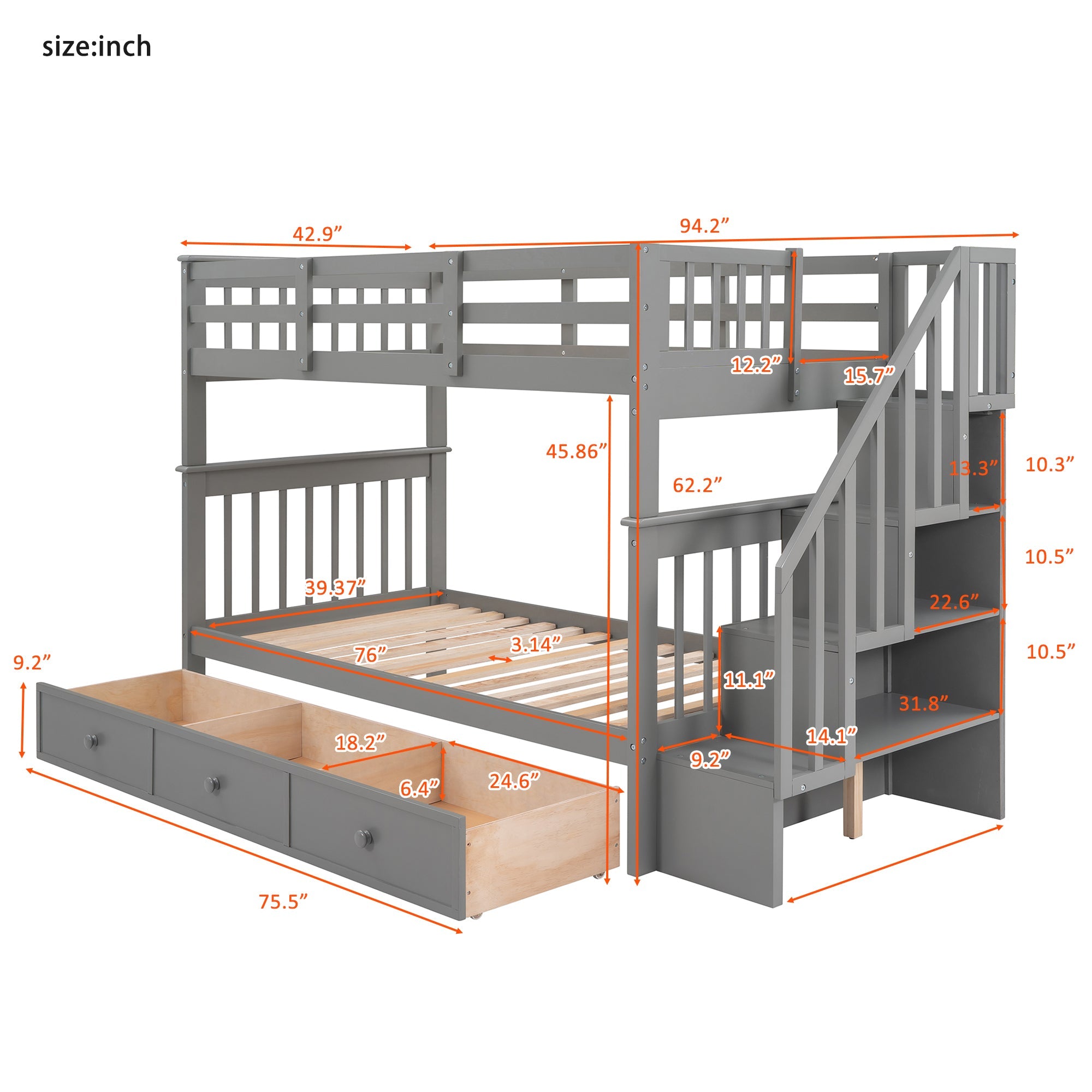 Sangria Beech twin-over-twin bunk bed with three built-in drawers, wood finish, ideal for bedroom or dorm room.