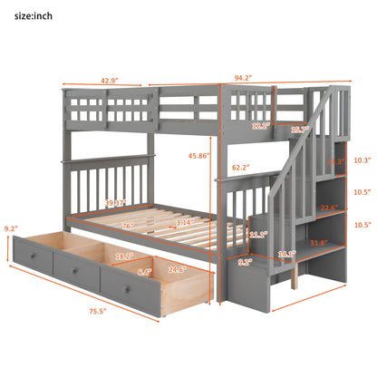 Sangria Beech twin-over-twin bunk bed with three built-in drawers, wood finish, ideal for bedroom or dorm room.