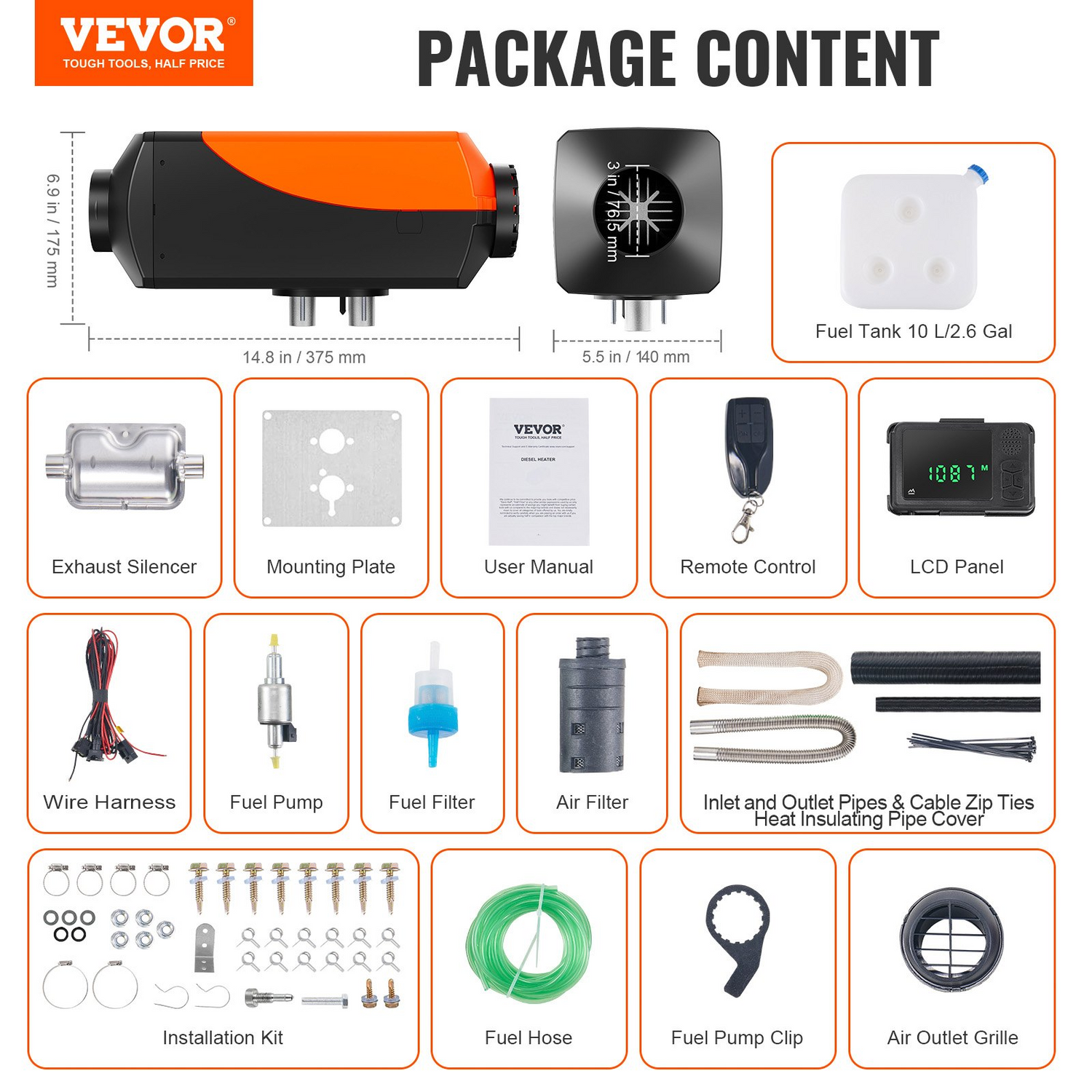 Start2Finish VEVOR Bluetooth diesel air heater with LCD display, remote control, 12V 8KW for RV, camper, trailer, boat, and automotive use.