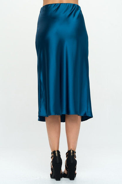 Made in USA solid satin midi skirt from Jade Icarus, featuring smooth fabric and elegant length.