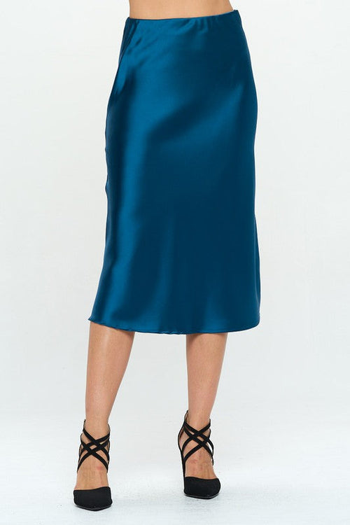 Automotive Jade Icarus solid satin midi skirt made in the USA, shown in a close-up image highlighting fabric texture and stitching.