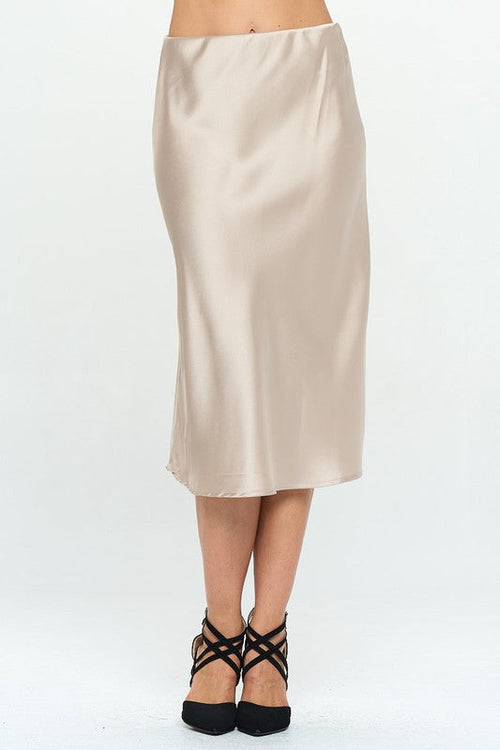 Made in USA Jade Icarus solid satin midi skirt, showcasing smooth fabric and elegant waistline detail.