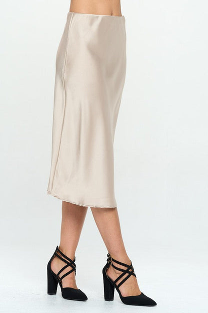 Jade Icarus solid satin midi skirt, made in USA, with smooth fabric and elegant design, shown on a model.