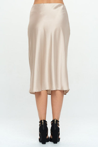 Automotive Jade Icarus solid satin midi skirt made in USA, shown in stylish fabric with smooth, flowing design.