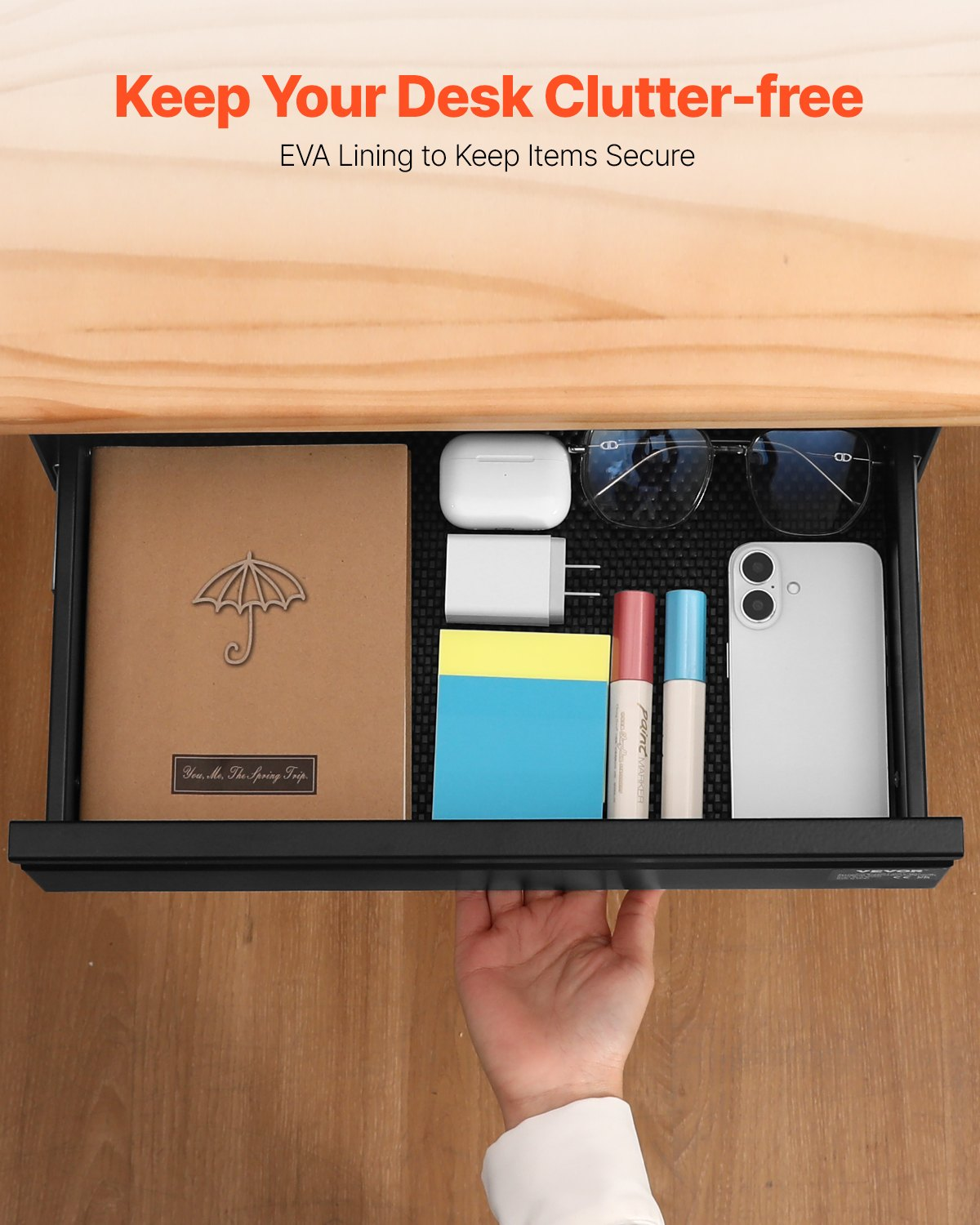 Start2Finish VEVOR 16-inch under desk drawer slide out for hidden desktop storage and organization in office or home workstations.