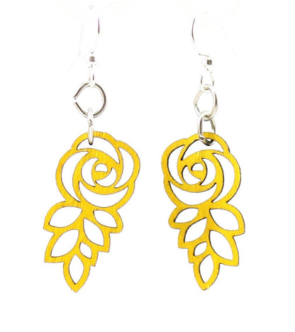 Red Sunflower Leafed Blossom Rose Earrings featuring detailed rose and leaf design, hanging gold-tone earrings for elegant style.