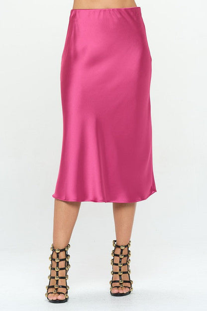Automotive Jade Icarus solid stretch satin midi skirt with smooth fabric and elegant flow, displayed on a neutral background.