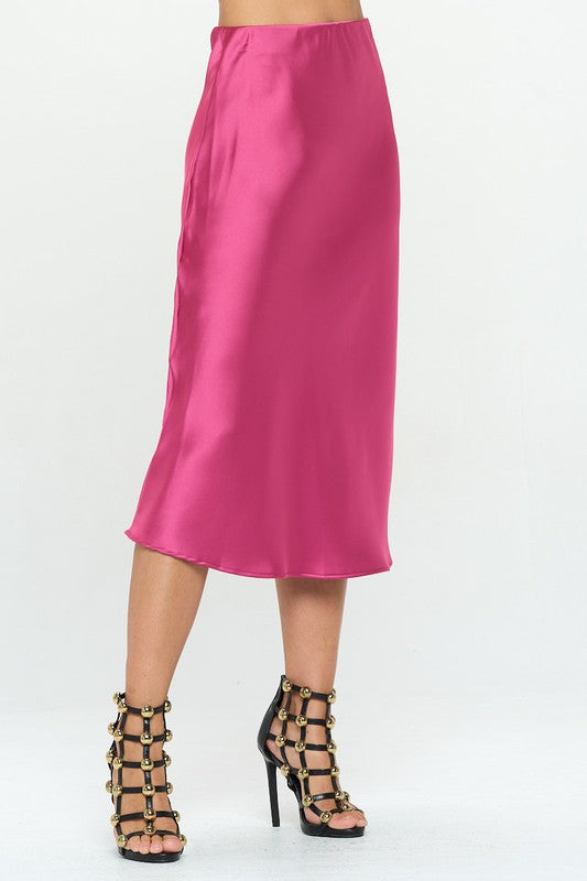 Automotive Jade Icarus solid stretch satin midi skirt in a sleek, fitted style with smooth satin fabric and midi length.