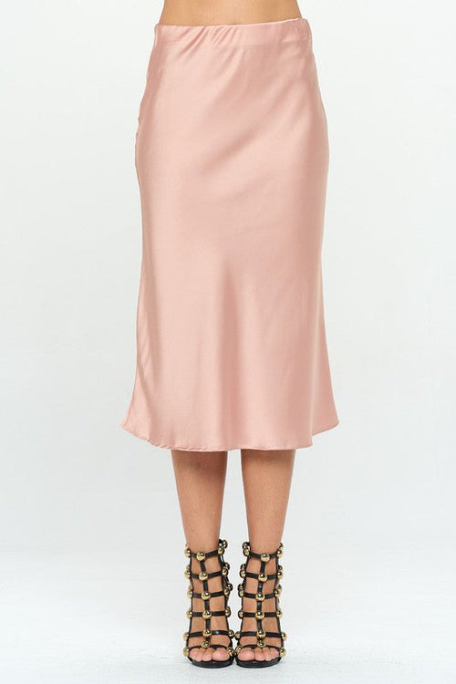 Jade Icarus Made in USA solid stretch satin midi skirt, smooth fabric, high waist, and sleek silhouette.