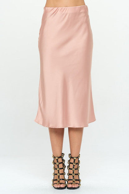 Jade Icarus Made in USA solid stretch satin midi skirt, smooth fabric, high waist, and sleek silhouette.