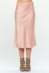 Jade Icarus Made in USA solid stretch satin midi skirt, smooth fabric, high waist, and sleek silhouette.