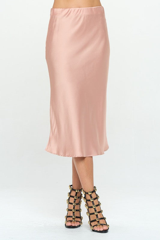Jade Icarus solid stretch satin midi skirt made in USA, shown in a stylish fit with smooth satin fabric and midi length.