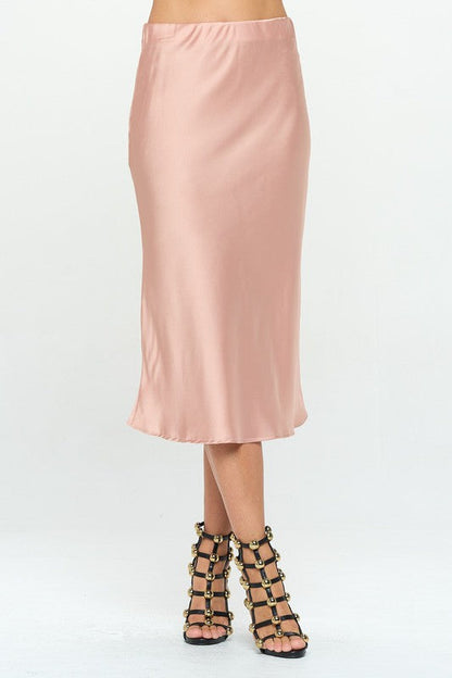 Jade Icarus solid stretch satin midi skirt made in USA, shown in a stylish fit with smooth satin fabric and midi length.