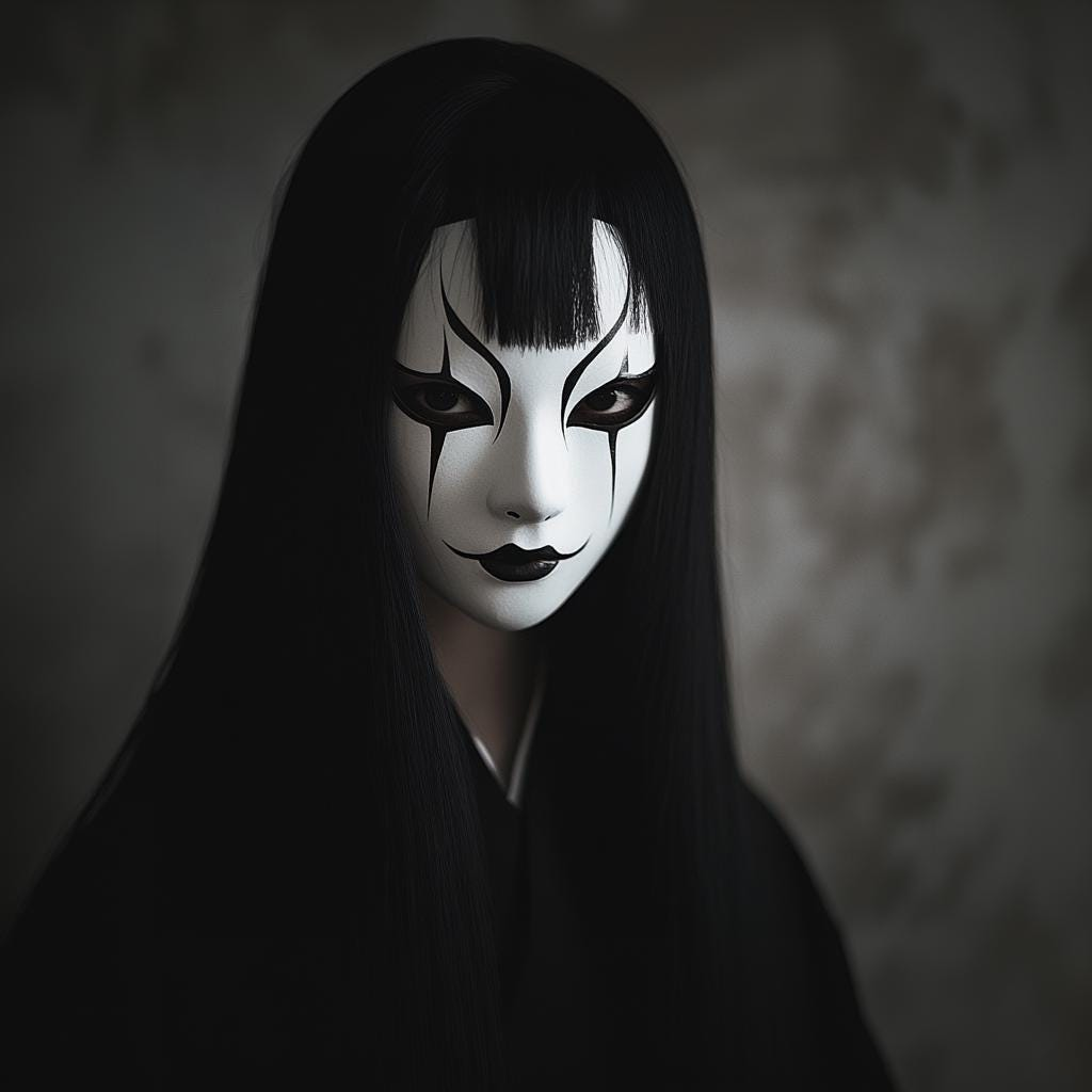 Japanese ghost mask for horror cosplay, featuring 3D printed gothic phantom design for Halloween or theatrical costumes.