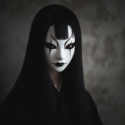 Japanese ghost mask for horror cosplay, featuring 3D printed gothic phantom design for Halloween or theatrical costumes.