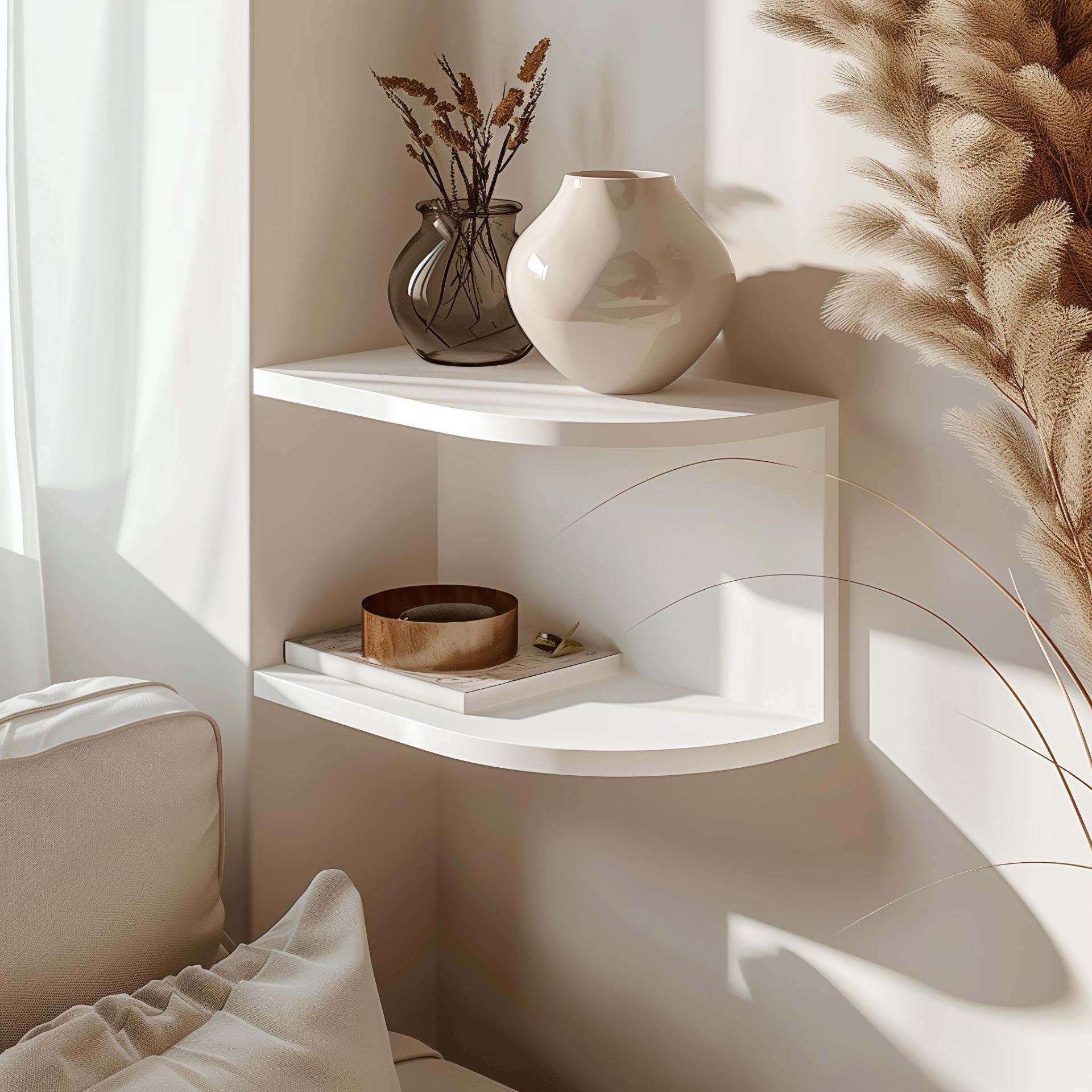 3D printed corner wall shelf by Start2Finish, minimalist floating modern home decor storage for living space organization