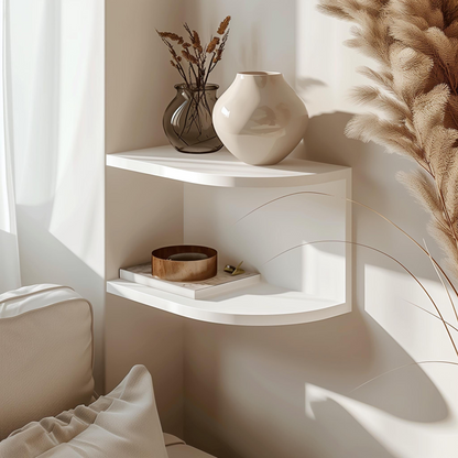 3D printed corner wall shelf by Start2Finish, minimalist floating modern home decor storage for living space organization