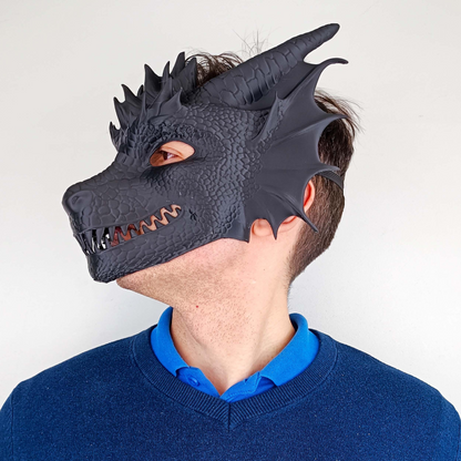 3D printed dragon mask from Start2Finish, fantasy cosplay costume featuring a detailed mythical creature design with adjustable fit.