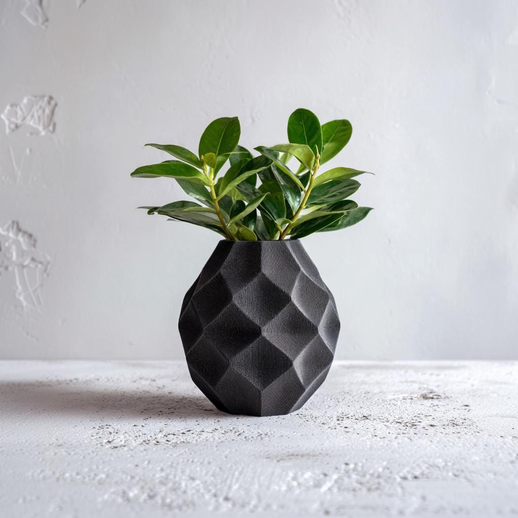 Geometric 3D printed vase with dried flowers, modern faceted home planter by Start2Finish showcasing a contemporary design