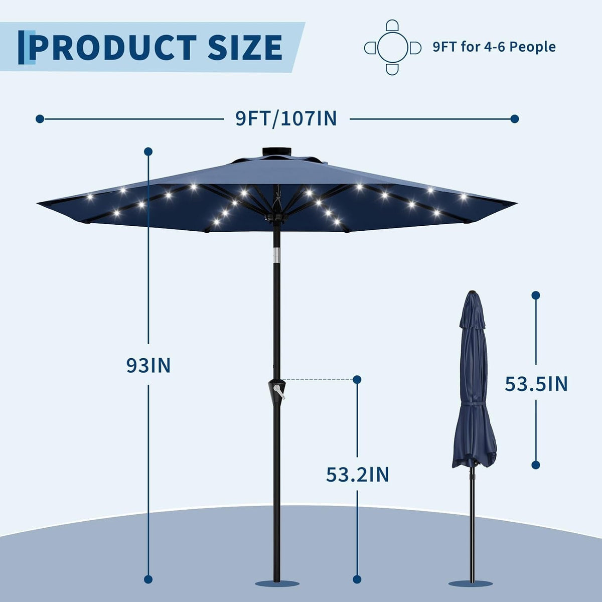 Illuminating Navy Blue Solar Powered Patio Umbrella
