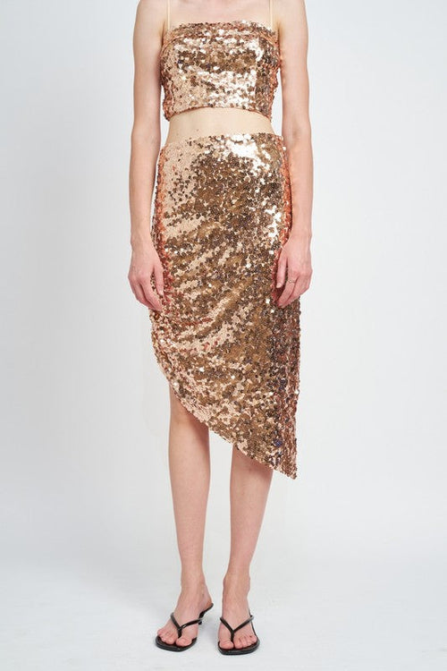 Jade Icarus sequin shirred midi skirt in metallic fabric with a fitted waist and flowing hem, styled for women&