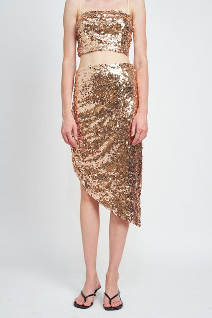 Jade Icarus sequin shirred midi skirt in metallic fabric with a fitted waist and flowing hem, styled for women&