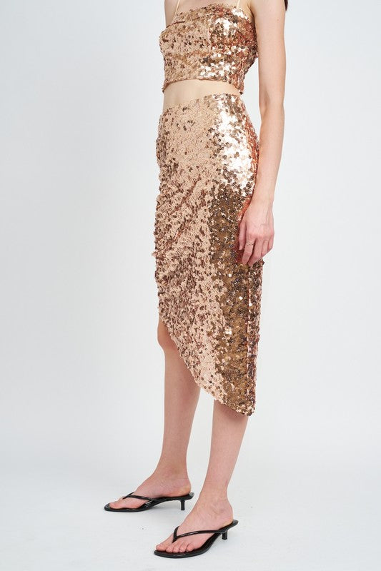 Jade Icarus sequin shirred midi skirt for women, featuring shimmering sequins and a fitted shirred waist.