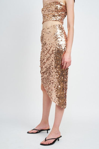 Jade Icarus sequin shirred midi skirt for women, featuring shimmering sequins and a fitted shirred waist.