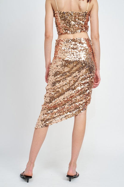 Jade Icarus sequin shirred midi skirt for women, featuring shimmering sequins and a fitted shirred waist in a stylish design.