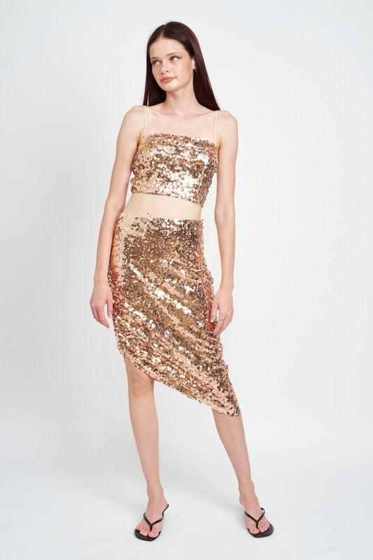 Jade Icarus sequin shirred midi skirt for women, featuring shimmering sequins and a comfortable shirred design.