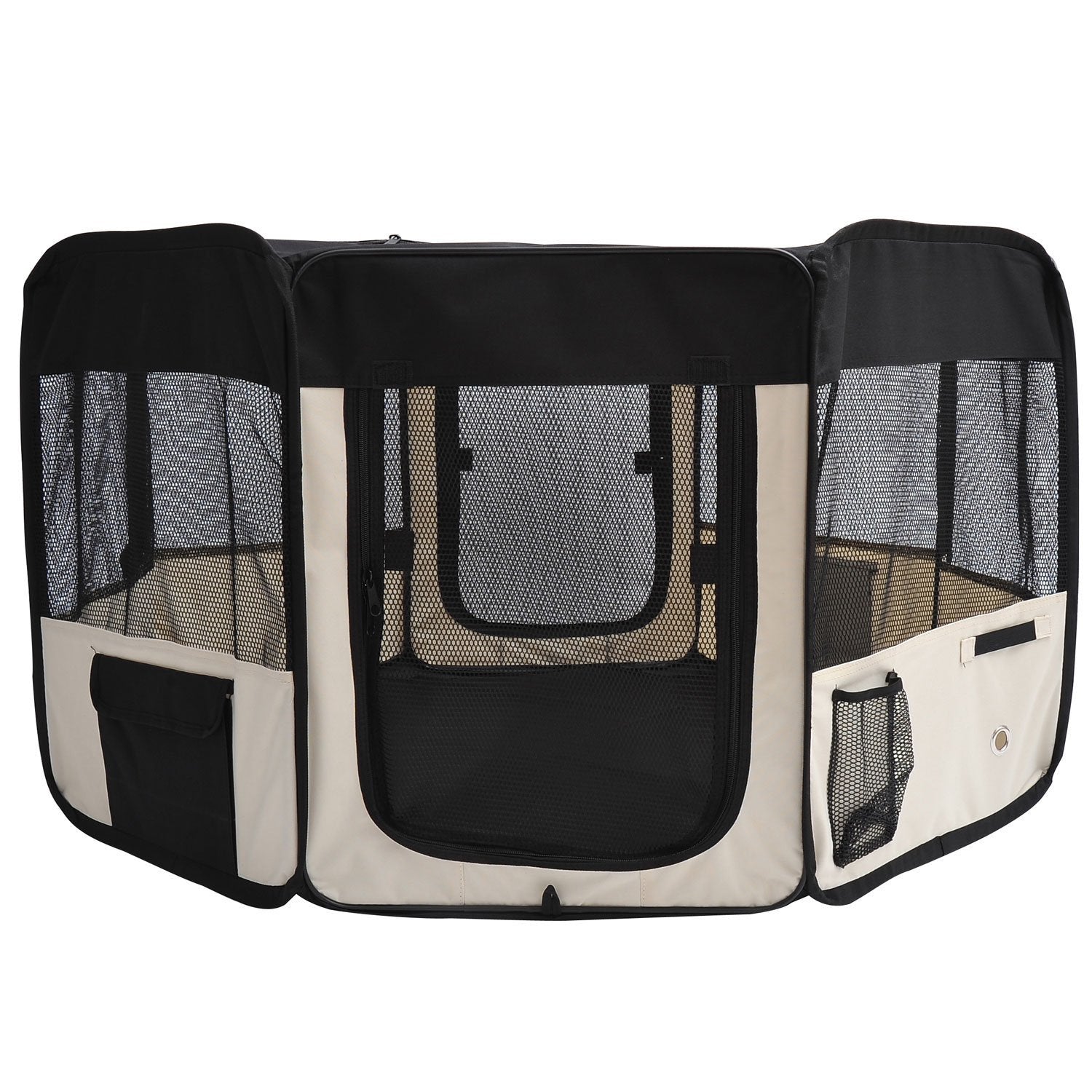 Taupe Shadow PawHut 49.2-inch soft pet playpen folding tent kennel for puppies, cats, and small dogs, with mesh sides and secure door.