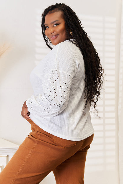 Shiny eyelet dropped shoulder round neck blouse by Pear Daisy, stylish and elegant women&