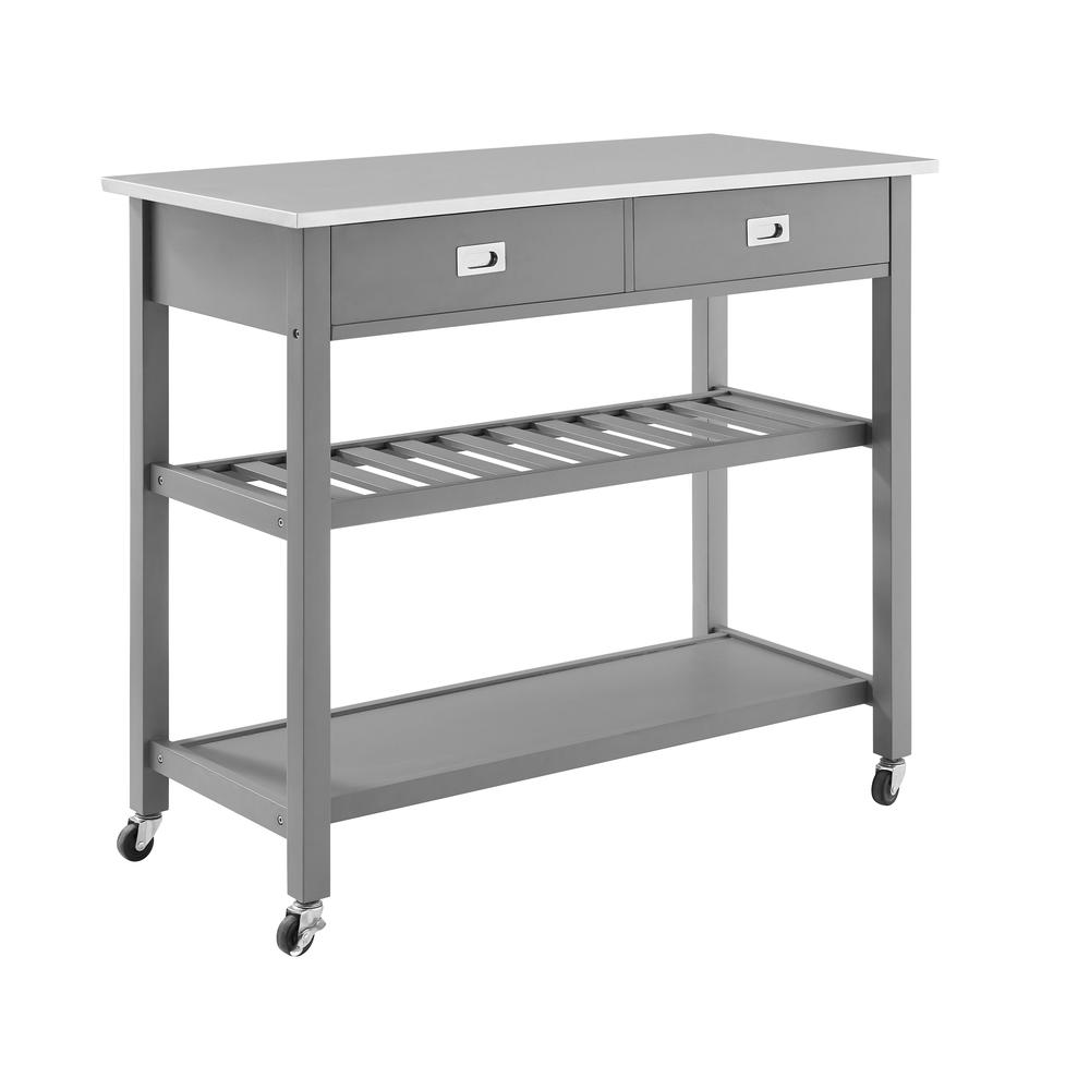 Chloe stainless steel top kitchen island by Start2Finish, featuring a spacious wooden storage cabinet and sturdy metal frame.