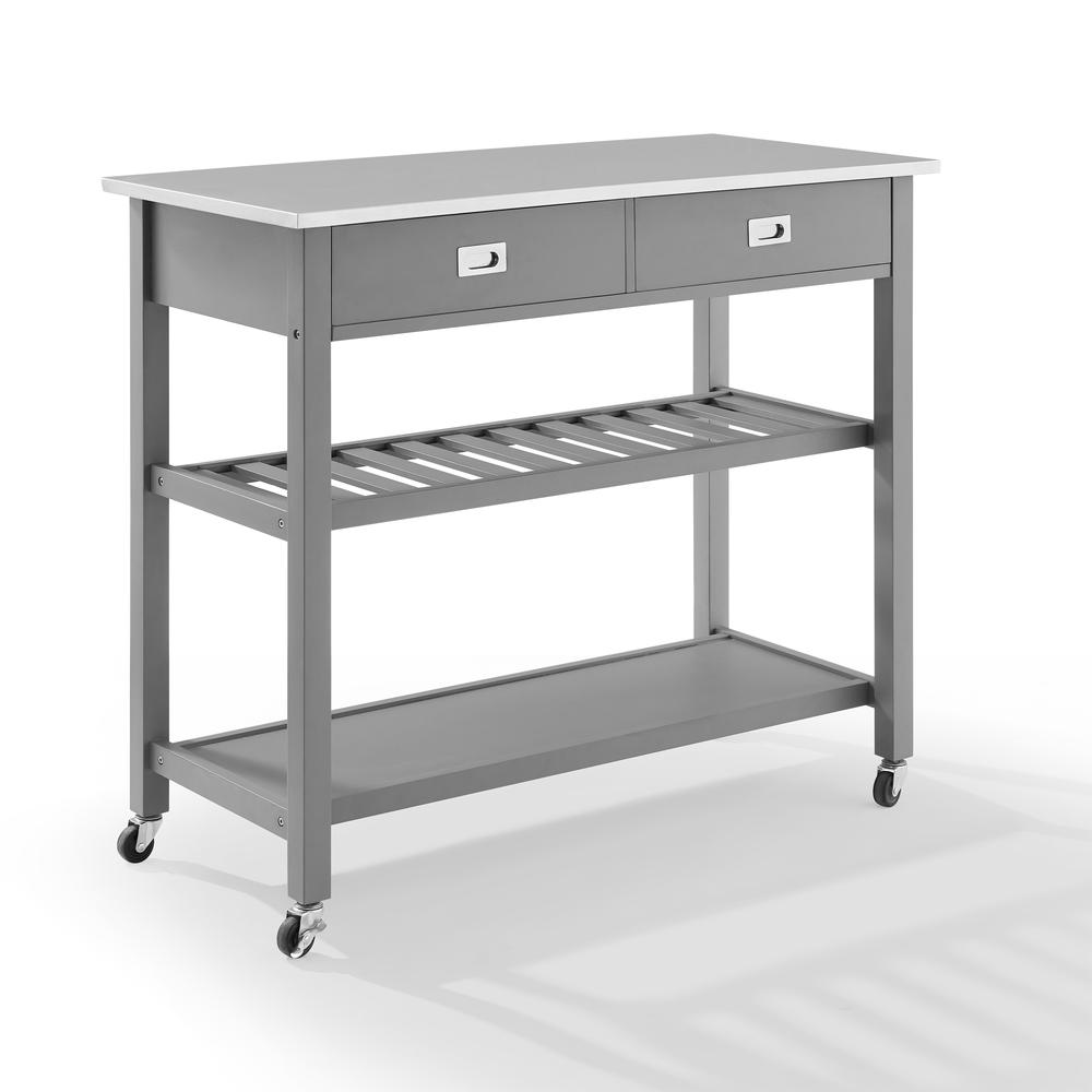 Chloe stainless steel top kitchen island or cart with storage shelves, modern furniture from Start2Finish, in a home kitchen setting.