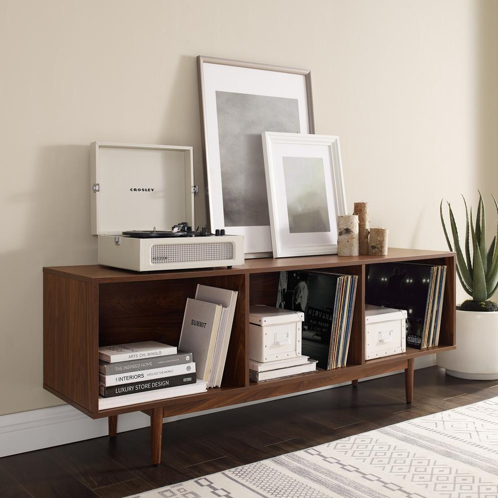 Start2Finish Liam large record player stand with built-in vinyl storage, featuring a sleek wooden design and spacious compartments.