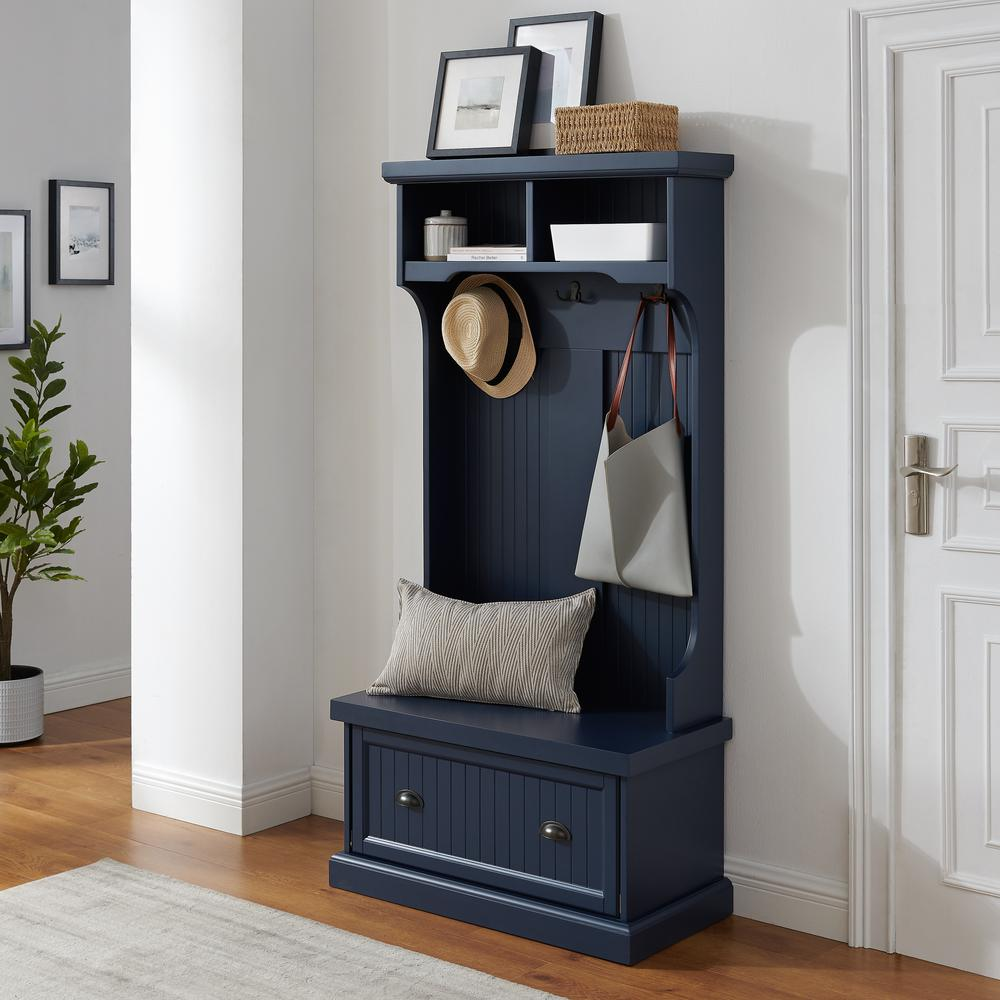 Start2Finish Shoreline Hall Tree with hooks and storage bench, featuring a wood finish and modern design for entryway organization.