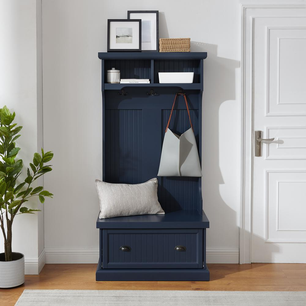 Start2Finish Shoreline Hall Tree with coat hooks, bench, and storage shelf in a modern wood finish.