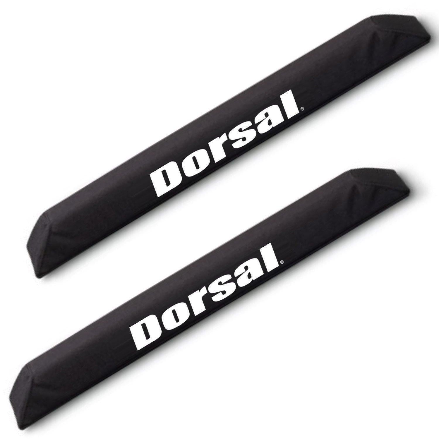 Cyan Hecuba DORSAL Aero Rack Pads on 34-inch car crossbar holding surfboard and kayak for roof transport.