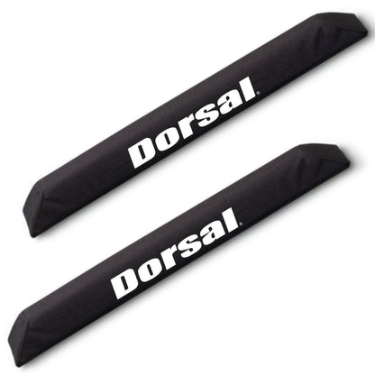 Cyan Hecuba DORSAL Aero Rack Pads on 34-inch car crossbar holding surfboard and kayak for roof transport.