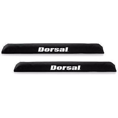 Cyan Hecuba DORSAL Aero Rack Pads on 34-inch car crossbars holding a surfboard and kayak for roof transportation.