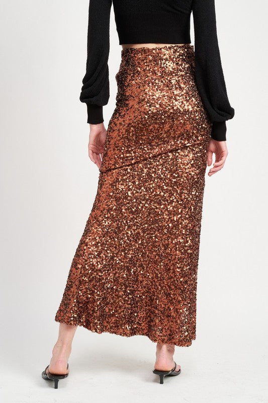 Printed high waist maxi skirt for women by Jade Icarus, featuring a flowing design and vibrant pattern.