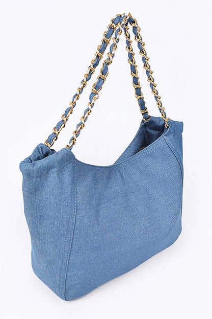 Jade Icarus denim fashion tote bag with sturdy handles and spacious interior, perfect for casual everyday use.