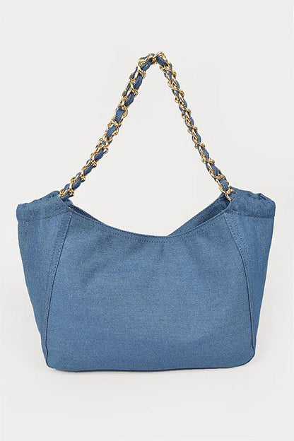 Jade Icarus denim fashion tote bag with sturdy handles and spacious interior, perfect for casual everyday use.