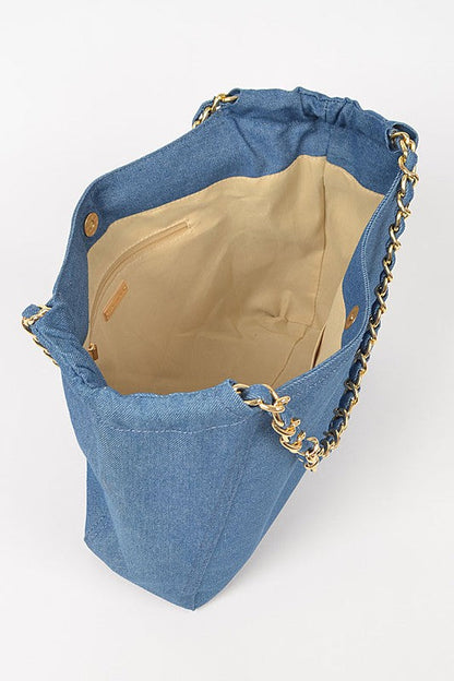 Denim Fashion Tote Bag by Jade Icarus featuring sturdy denim material and spacious interior, perfect for everyday use.
