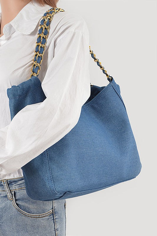 Jade Icarus denim tote bag with sturdy handles and stylish design, perfect for casual carry and everyday use.