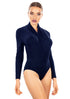 Byzantium Hemera EGI Exclusive Collections long sleeve bodysuit in vibrant blue, form-fitting with sleek fabric and high neckline.
