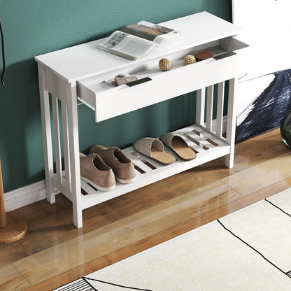 White Minimalist Console Table With Generous Drawer