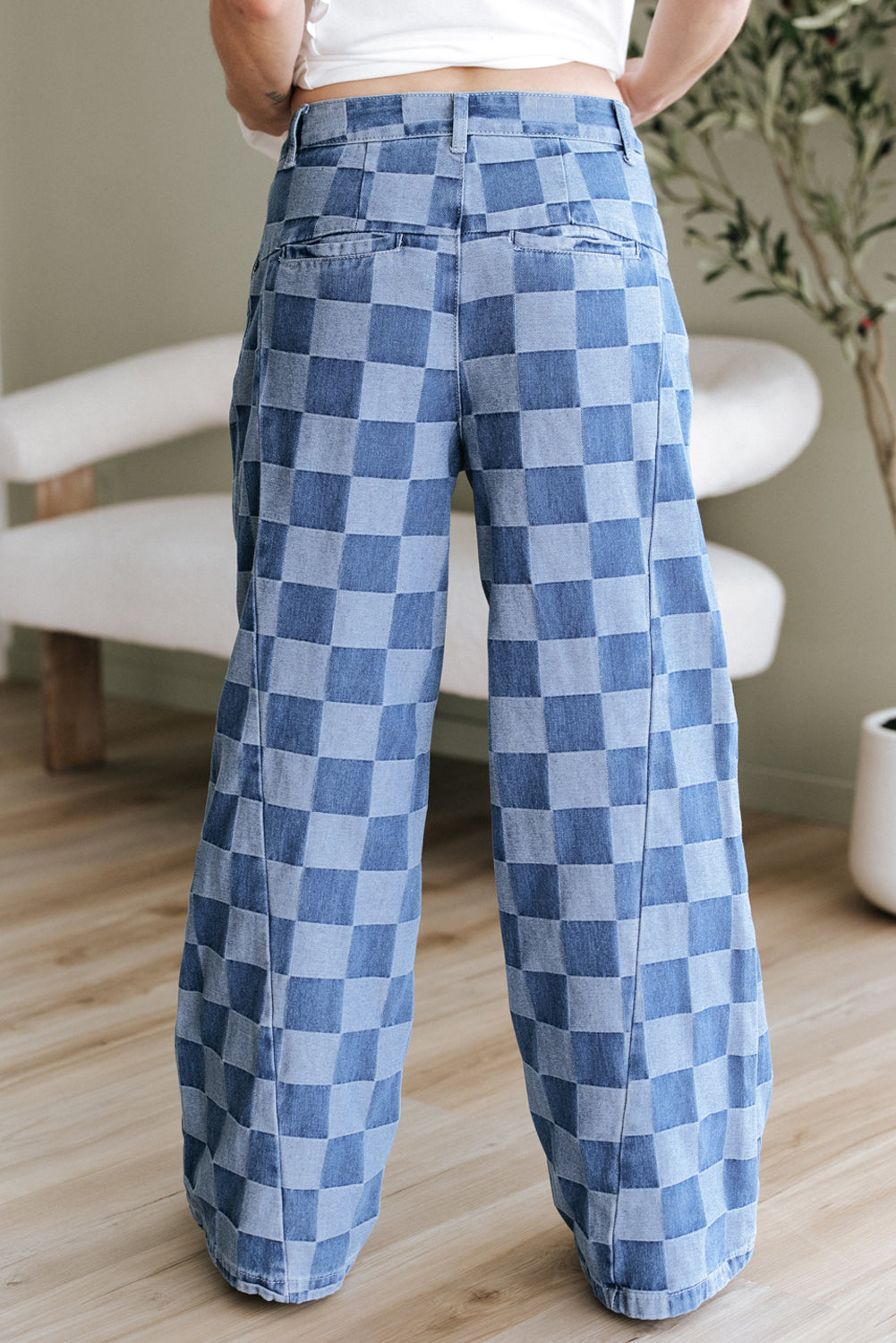 Dusk blue checkered denim wide-leg jeans for women by Ruby Styx, featuring a relaxed fit and stylish pattern.