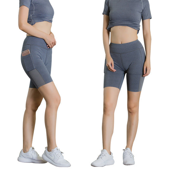 Stretchable All Seasons Yoga Shorts by Salmon Lucky with a phone pocket, designed for activewear and fitness enthusiasts.