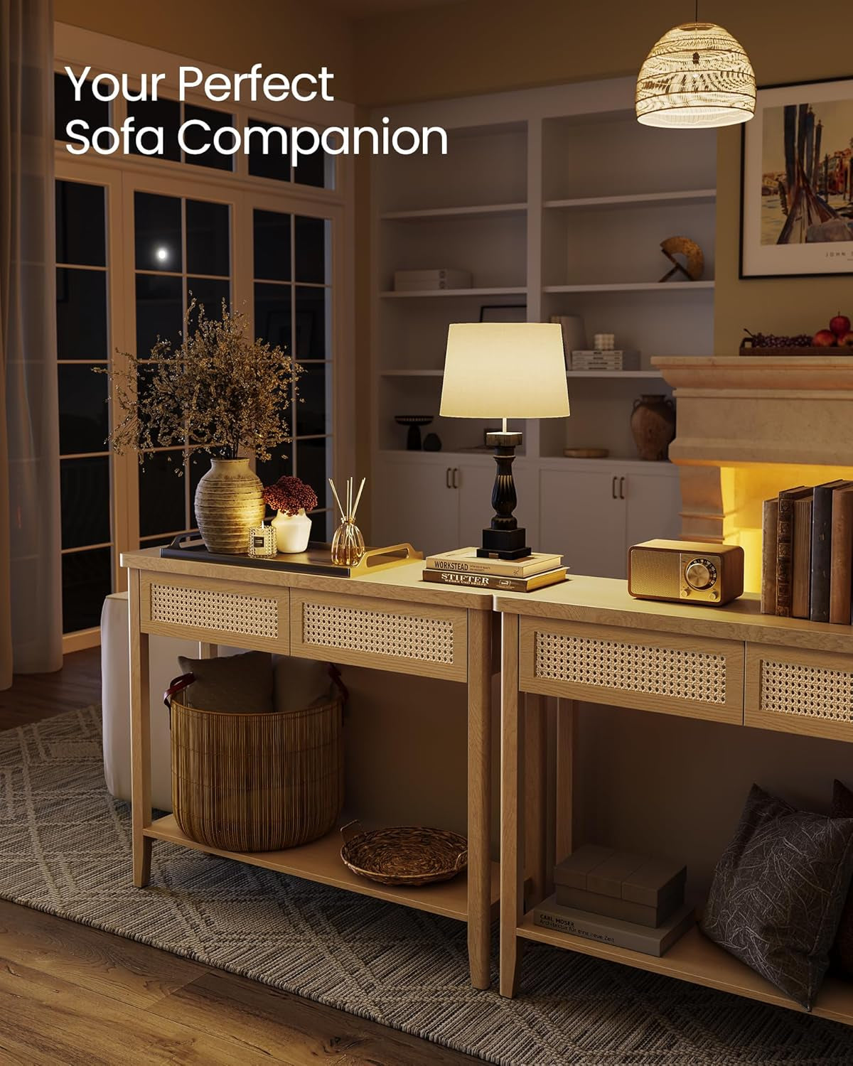 Oak Beige Generous Console Table Featuring Drawers